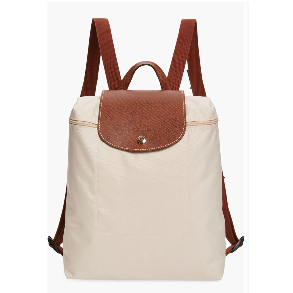 Longchamp Le Pliage Nylon Canvas Backpack Black Authentic Tan Beige - Picture 2 of 10